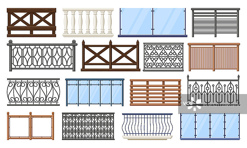 木制、石制和不锈钢阳台围栏图片素材