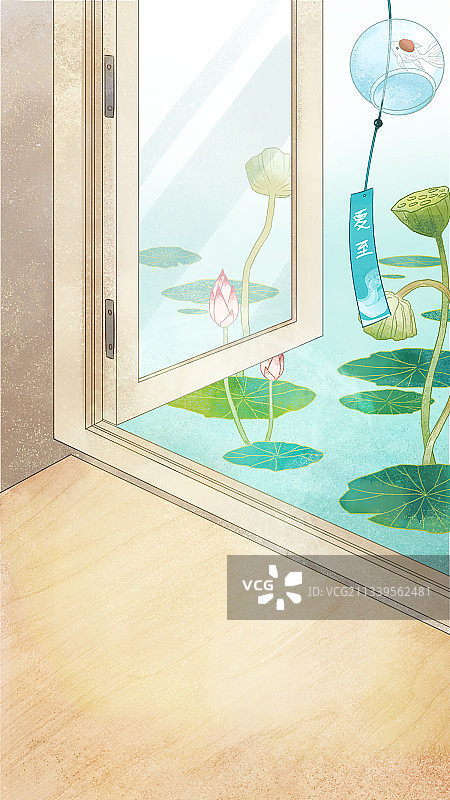 夏日风铃窗边风景插画背景图片素材