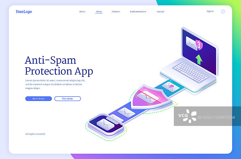 反垃圾邮件保护APP 2.5D着陆页图片素材