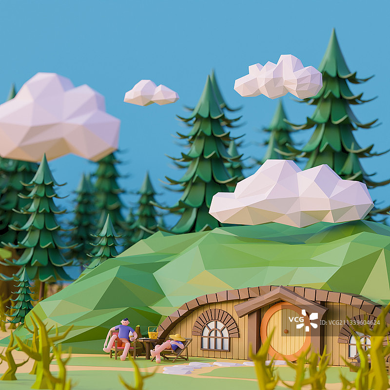 3D卡通低边形风格小森林插图图片素材