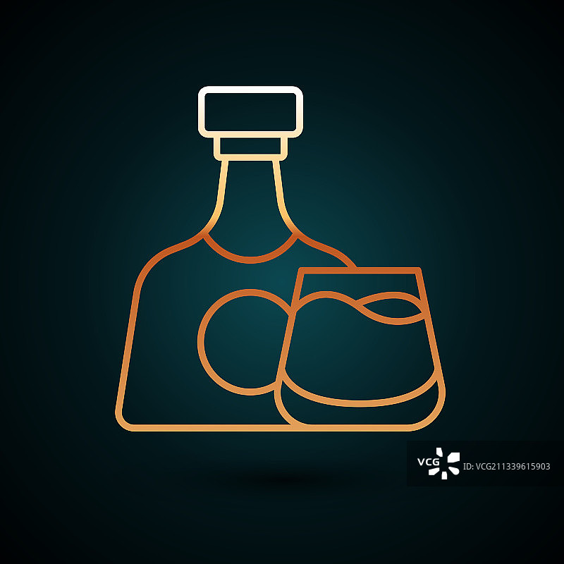 金色线条威士忌酒瓶和玻璃杯图标图片素材