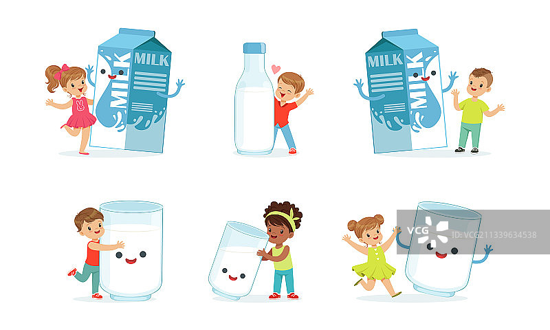 小男孩和小女孩与拟人化的牛奶玩耍图片素材
