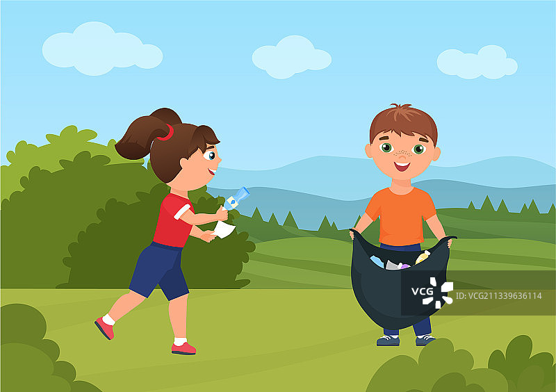 快乐的儿童在绿色环境中收集垃圾图片素材