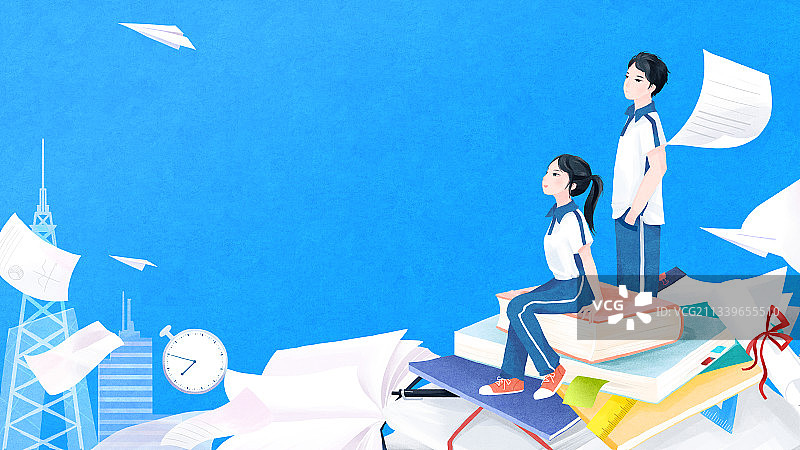 高考站在书籍上远眺的两名高中生插画图片素材