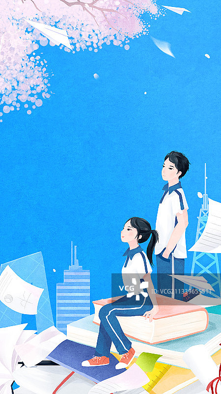 高考站在书籍上远眺的两名高中生插画图片素材