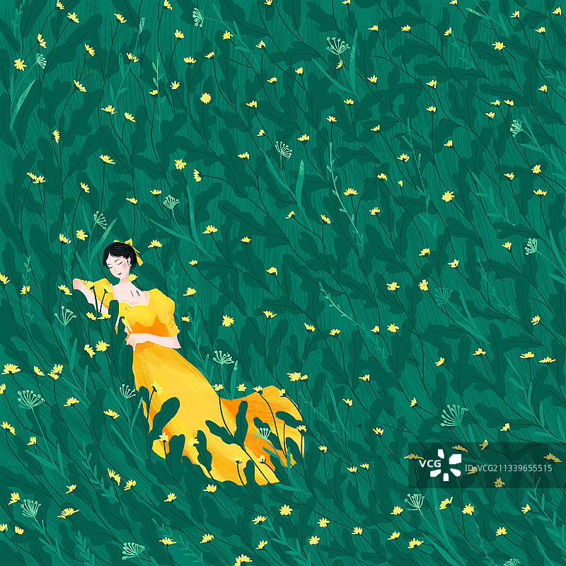 躺在菊花丛中穿黄色长裙的古典美女手绘插画图片素材