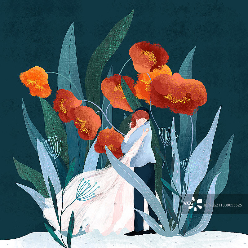 情人节七红色花朵下拥抱的男女恋人手绘插画图片素材