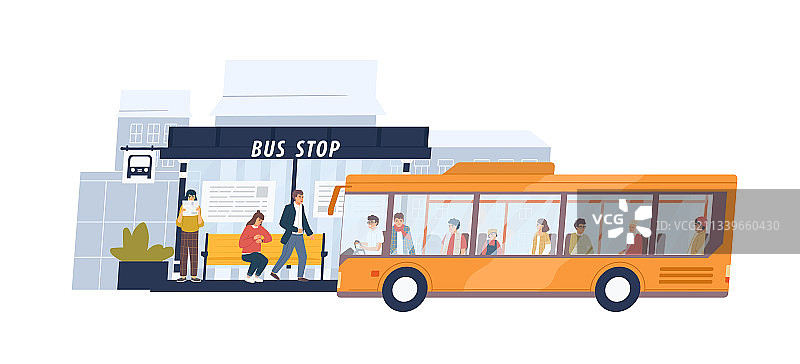 人们等待并登上到达的公共汽车图片素材