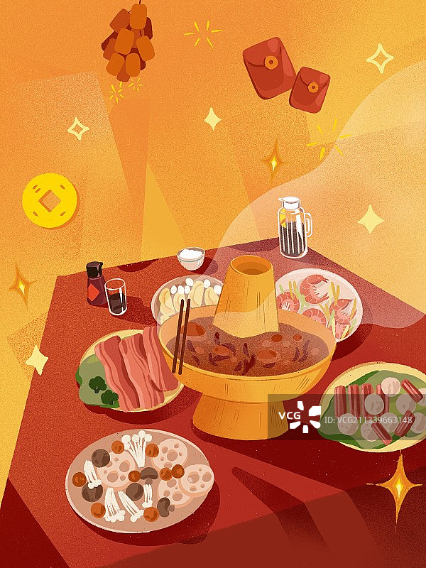 新年年夜饭火锅喜庆插画图片素材
