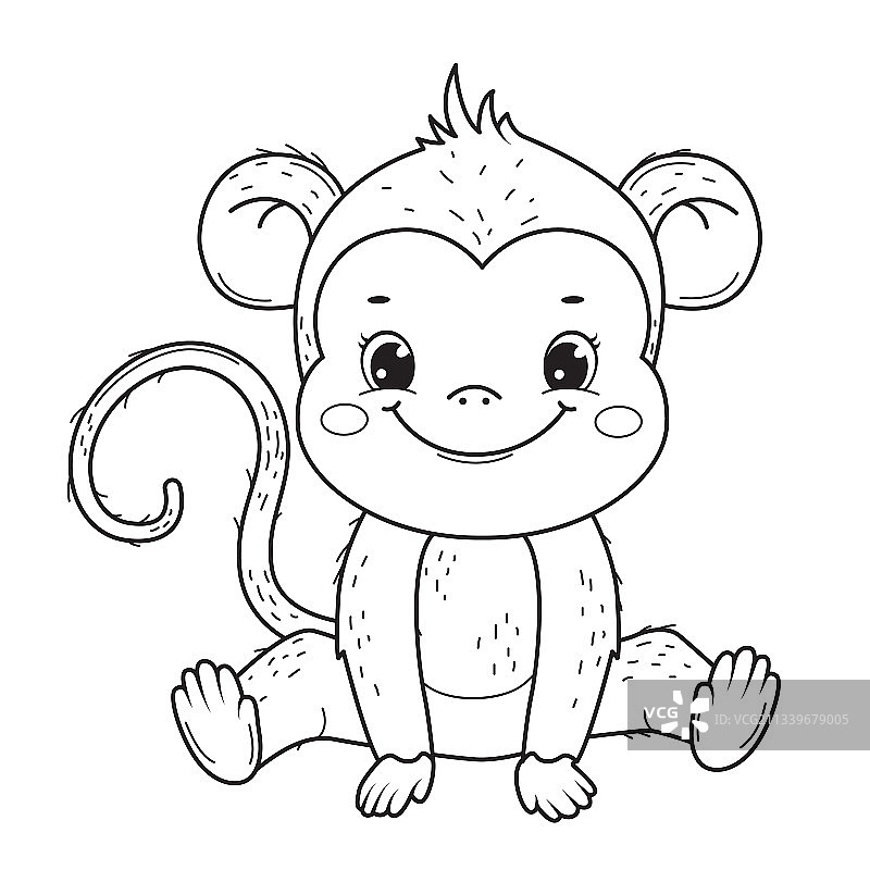 可爱的微笑猴子儿童着色书线条艺术图片素材