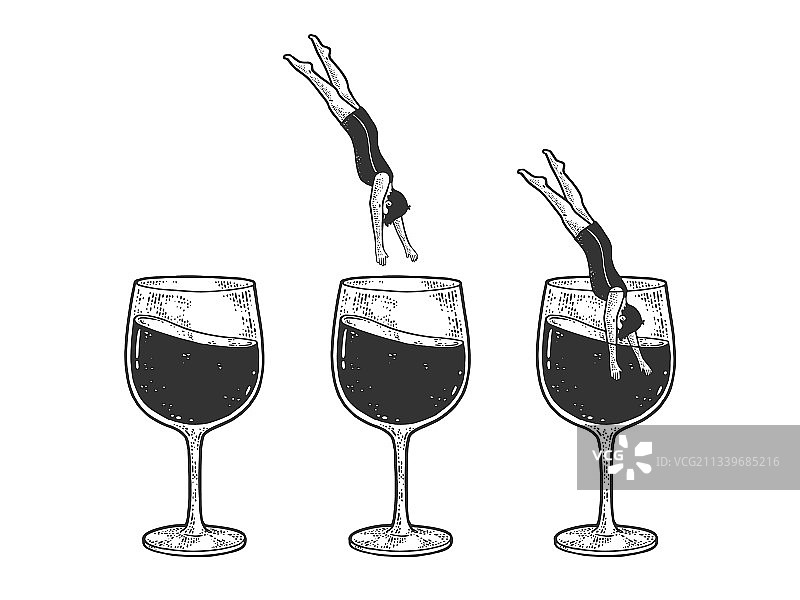 男子跳入玻璃酒具素描图片素材