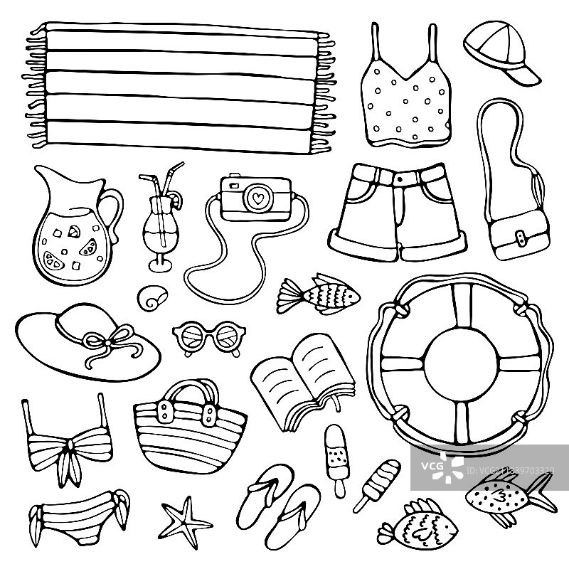 白色背景上的夏季涂鸦黑色元素图片素材