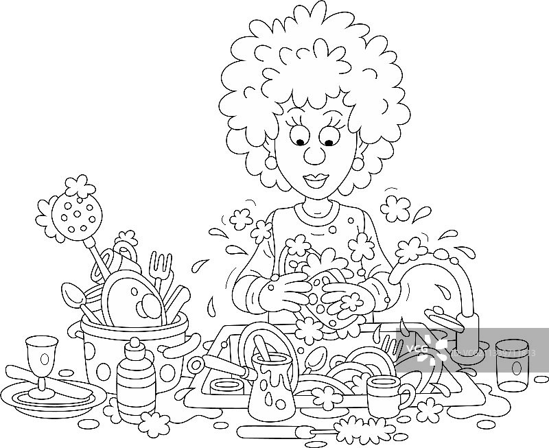 女士在晚餐后洗碗图片素材