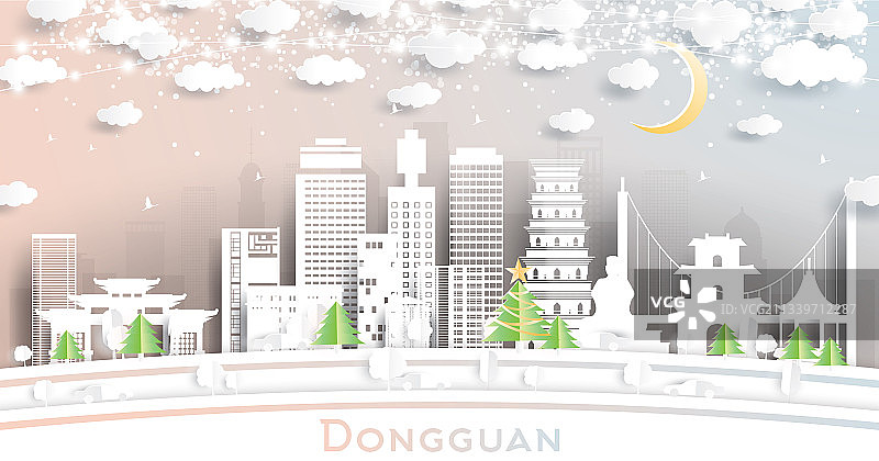 纸cut风格的中国东莞城市天际线图片素材