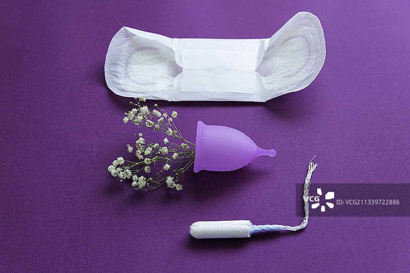 紫色背景上的卫生棉条、卫生棉和月经杯（西班牙）图片素材