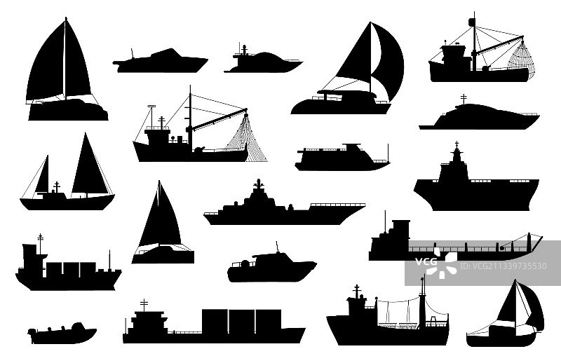 船只剪影：帆船、驳船与渔船图片素材