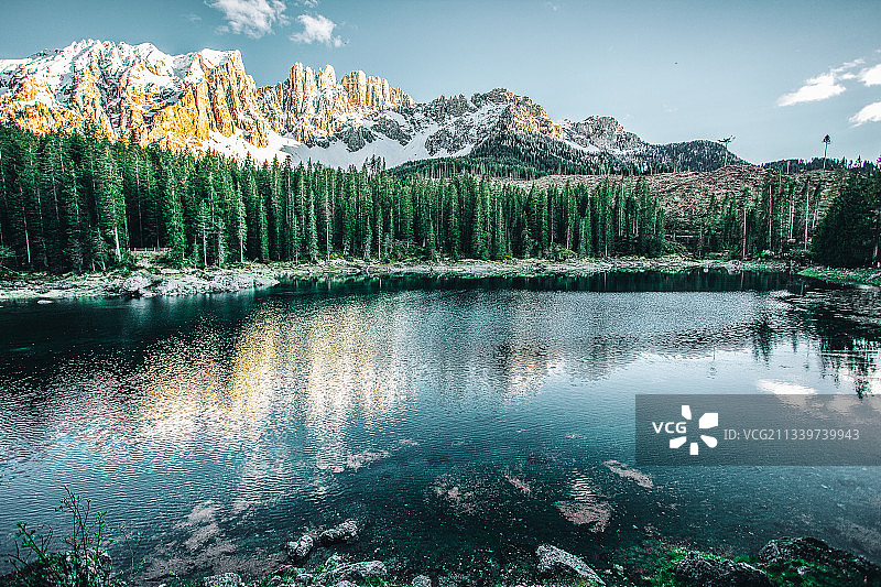 湖的风景，树木对天空图片素材