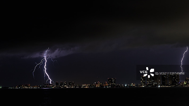 夜间城市上空的闪电全景图片素材