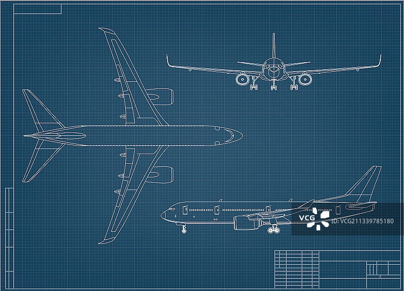 蓝色背景上的飞机蓝图白色轮廓图片素材