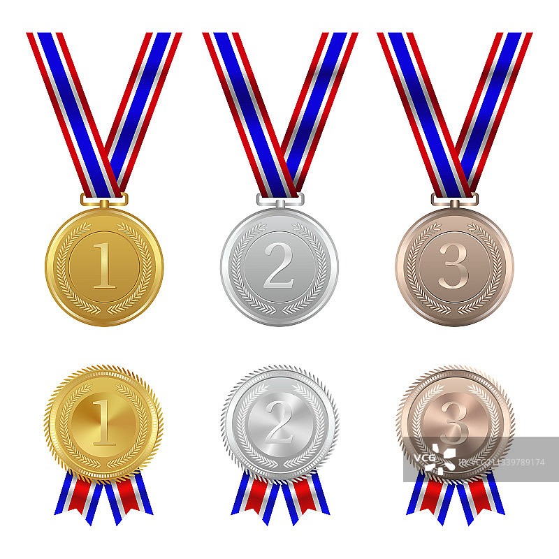 逼真带旗帜缎带的奖牌套装图片素材