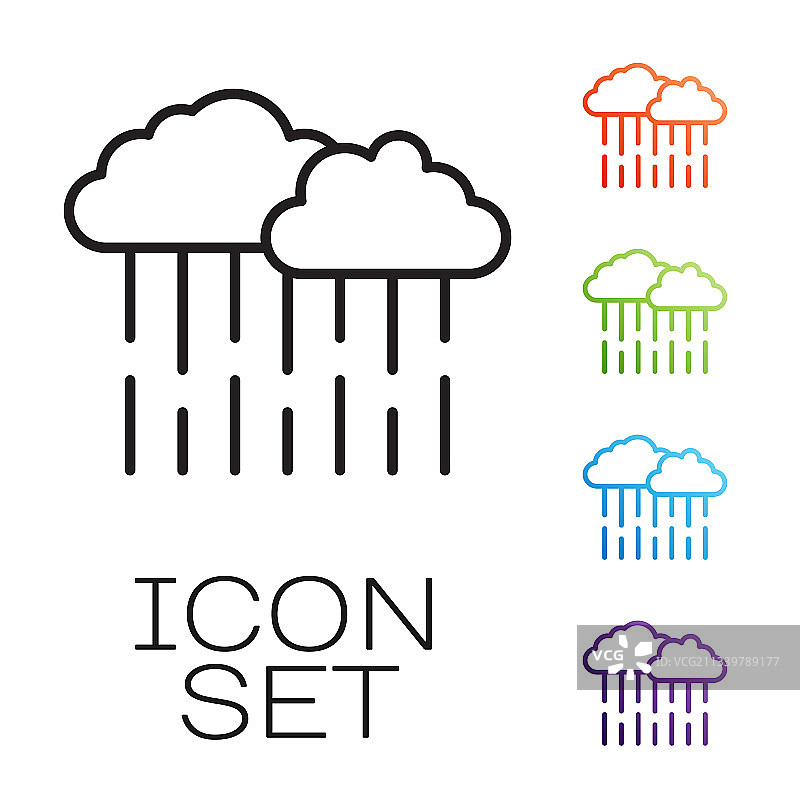 白色背景上的乌云和雨黑色线条图标图片素材