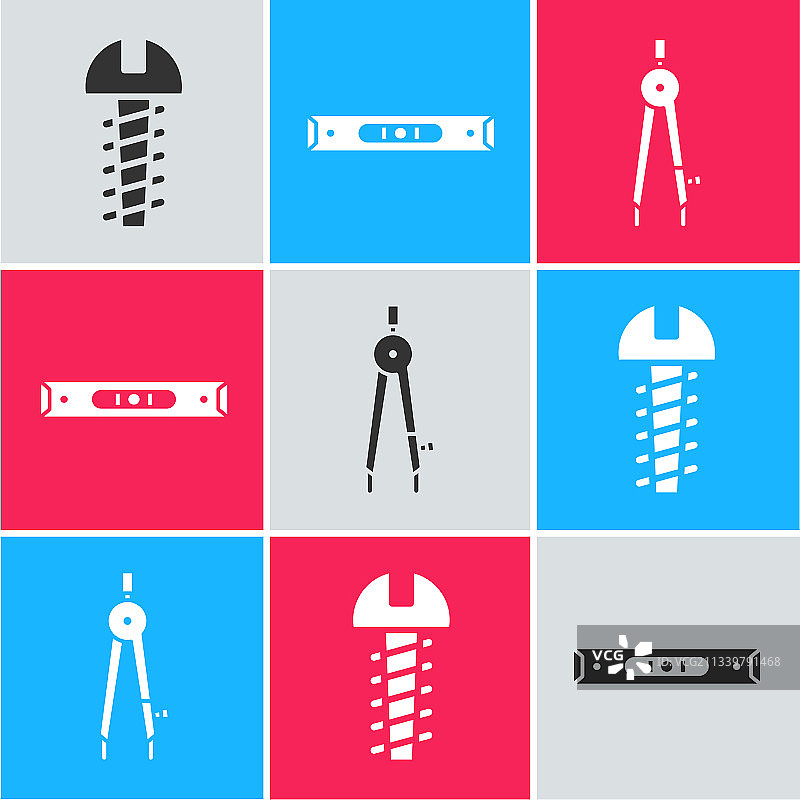 金属螺丝、建筑结构和气泡水平仪图片素材