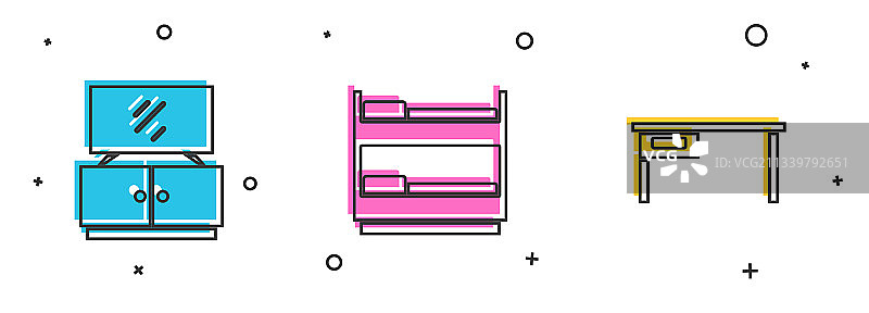 电视桌子双层床和办公桌图标套装图片素材