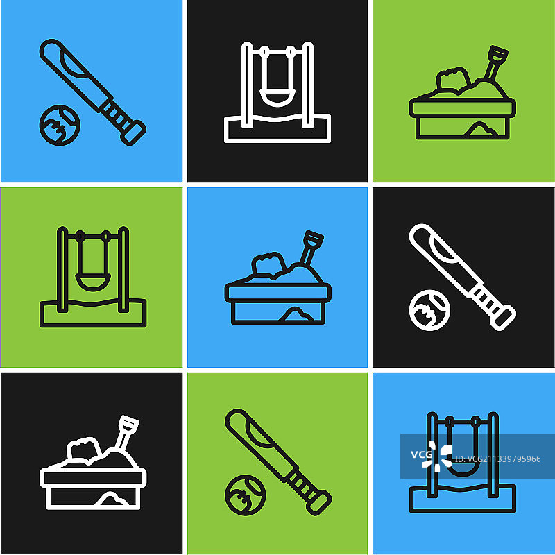 棒球棒、棒球、沙盒和沙子线条图标图片素材