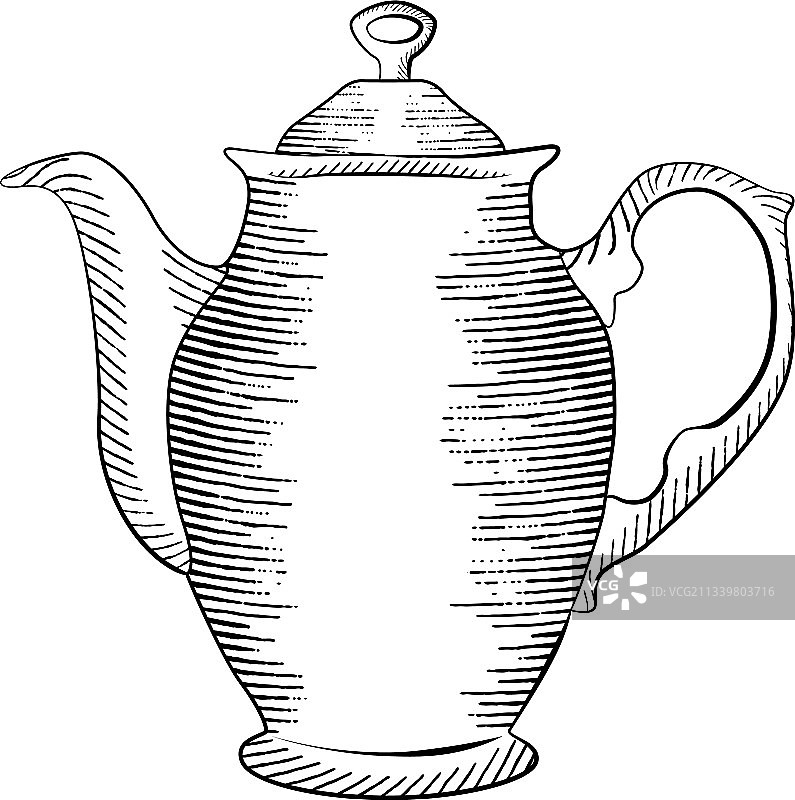 茶壶素描，图表雕刻风格图片素材