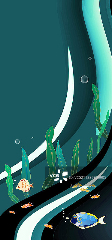 卡通鱼儿和抽象海水背景图片素材