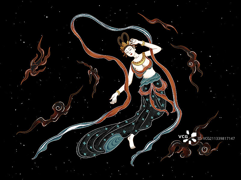 中秋节敦煌飞天壁画人物插画背景图片素材