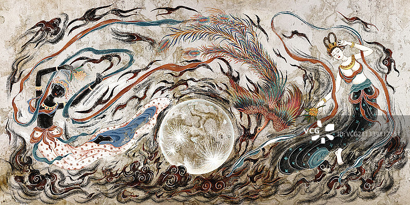 中秋节敦煌飞天壁画人物插画背景图片素材
