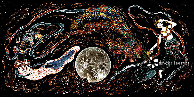 中秋节敦煌飞天壁画人物插画背景图片素材