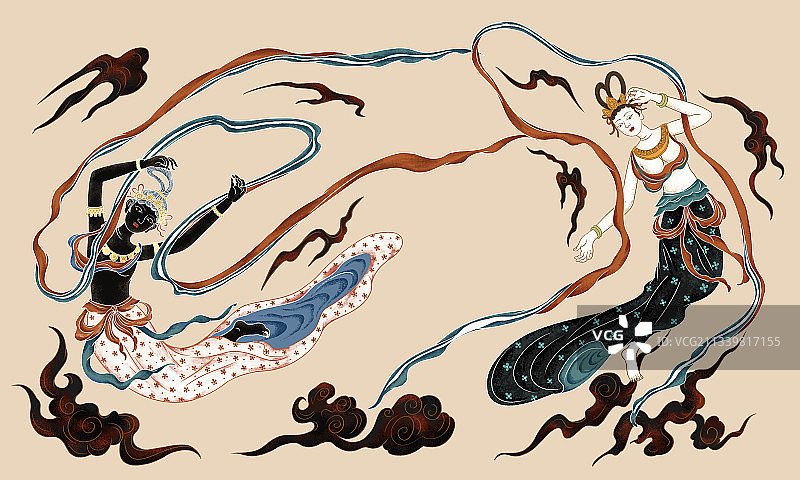 中秋节敦煌飞天壁画人物插画背景图片素材