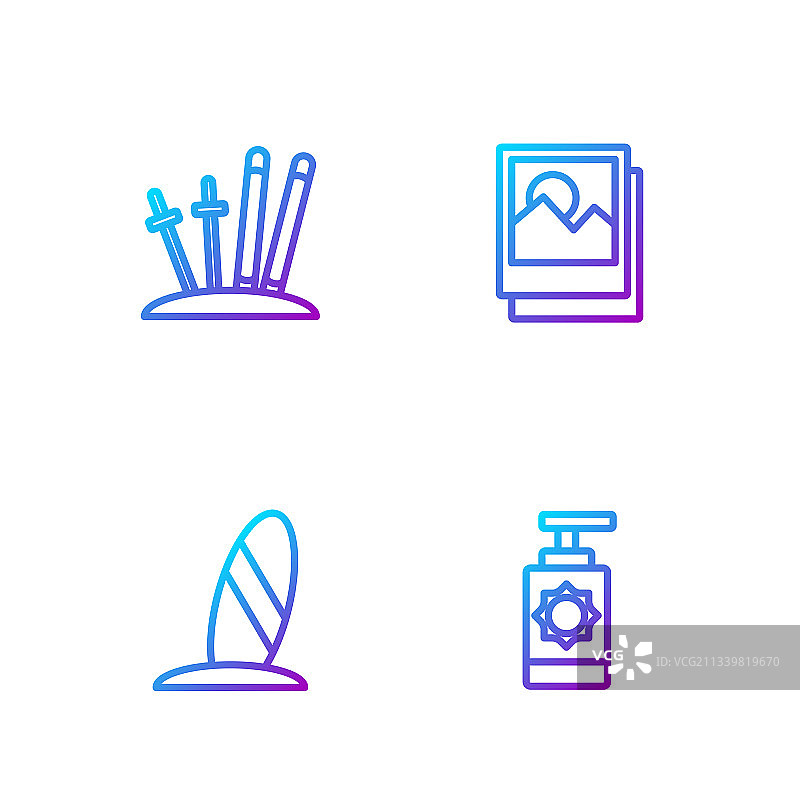 防晒喷雾瓶、冲浪板和滑雪板等线性元素图片素材