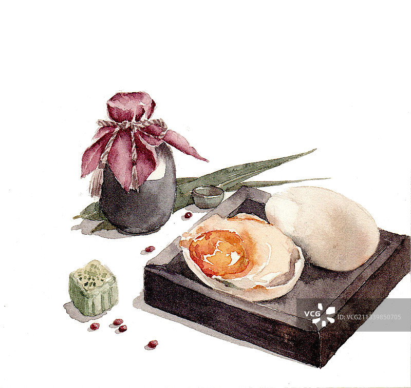 水彩端午节风物雄黄酒绿豆糕咸鸭蛋图片素材