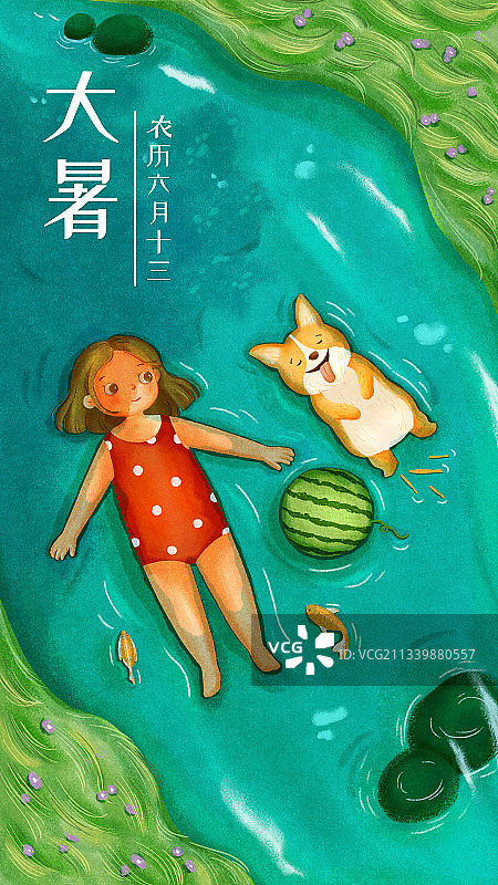 女孩和小狗在河里游泳图片素材