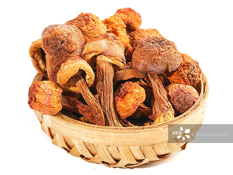 一筐野生姬松茸放在白底上图片素材