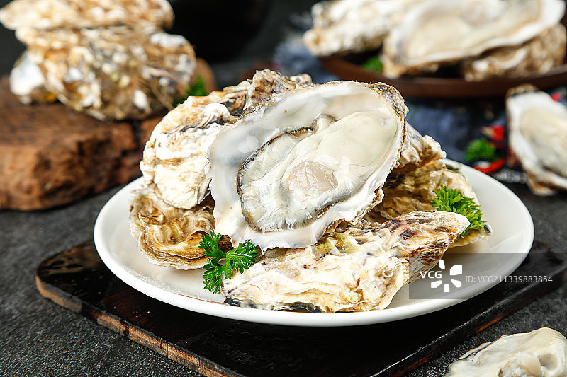 黑底上放着一盘乳山生蚝图片素材