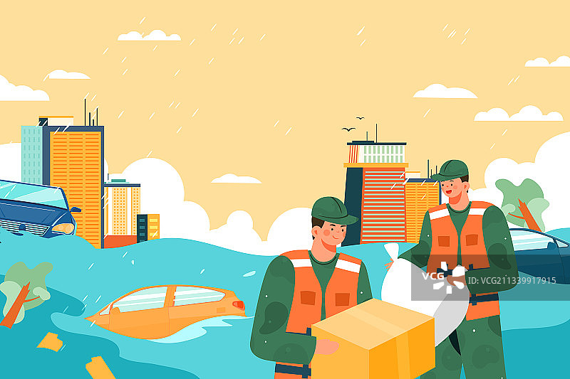 卡通风抗洪救灾矢量插画图片素材