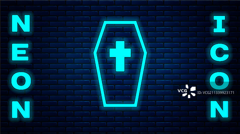 发光霓虹灯棺材与基督教十字架图标图片素材