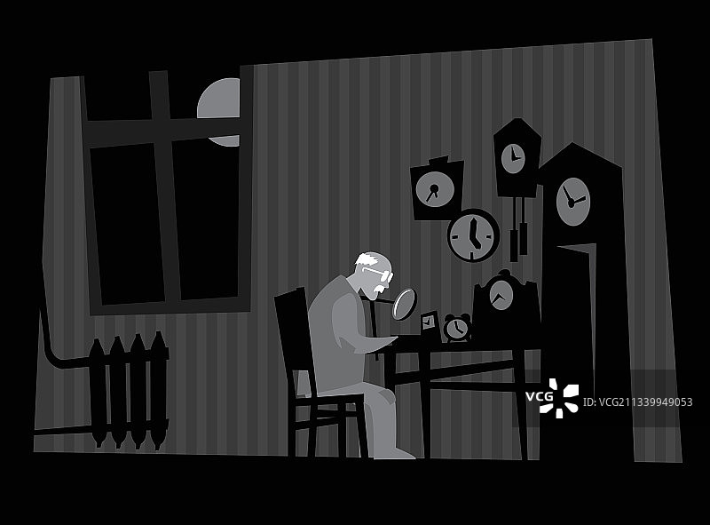 车间里年老的钟表匠、旧房间、老人图片素材