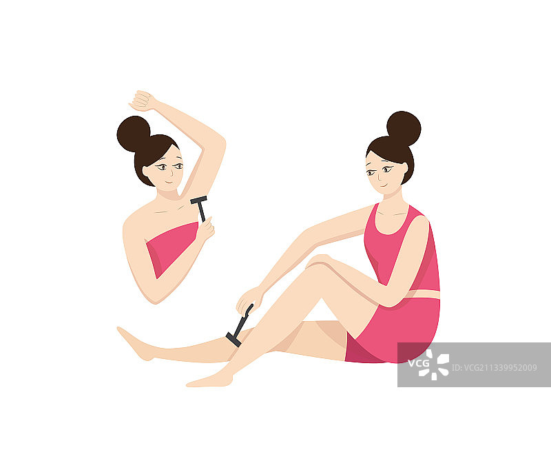 女人用剃须刀刮腿和腋下的扁平插画图片素材