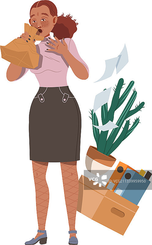 压力过大的女性在牛皮纸袋里呕吐图片素材