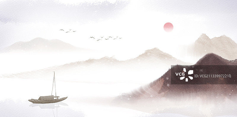 新中式水墨山水秋天风景图片素材