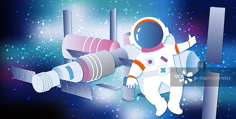 横版中国空间站宇航员航天航空宇宙矢量插画配色2图片素材