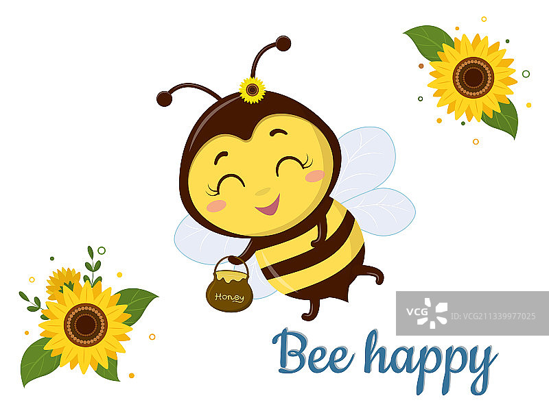 抱着一罐蜂蜜飞舞的可爱蜜蜂角色图片素材