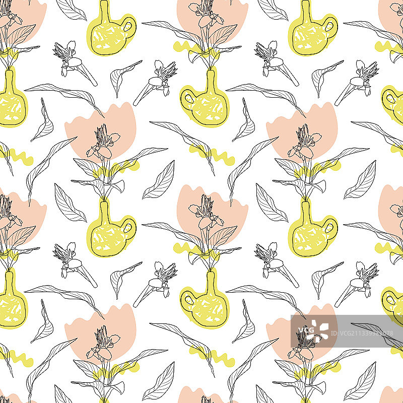 线条艺术盆栽植物无缝图案图片素材