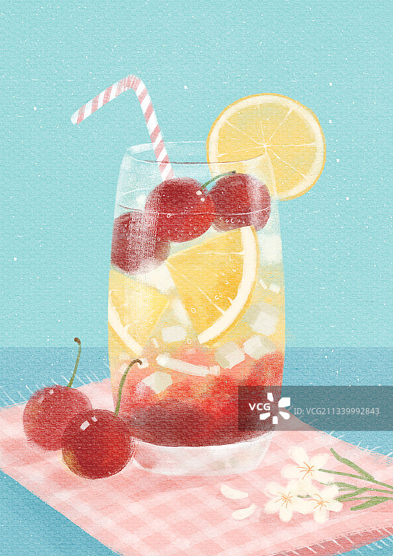 樱桃柠檬果茶插画图片素材