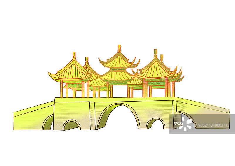 中国风国潮扬州瘦西湖五亭桥古代建筑线描插画图片素材